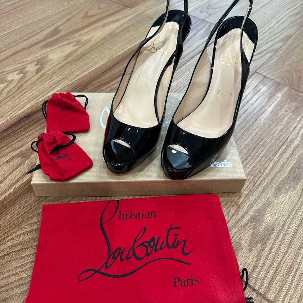 Christian Louboutin Glossy Black Slingback Heels 40.5